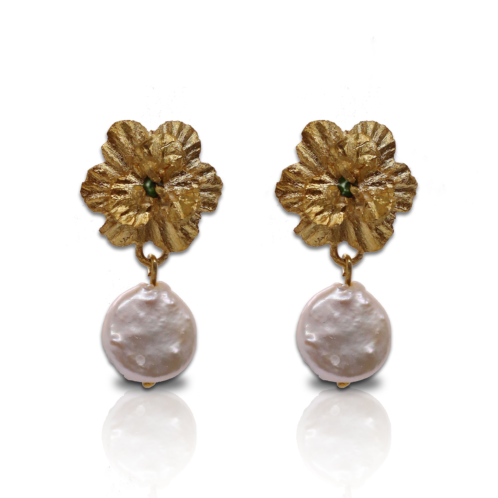 Clematis Earrings with GreenTourmaline & Pearls
